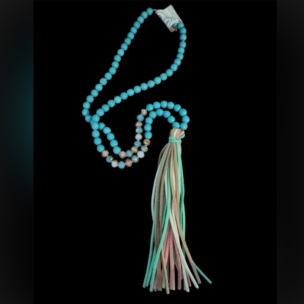Riah Fashion Turquoise Beaded Necklace with Multicolor Tassel